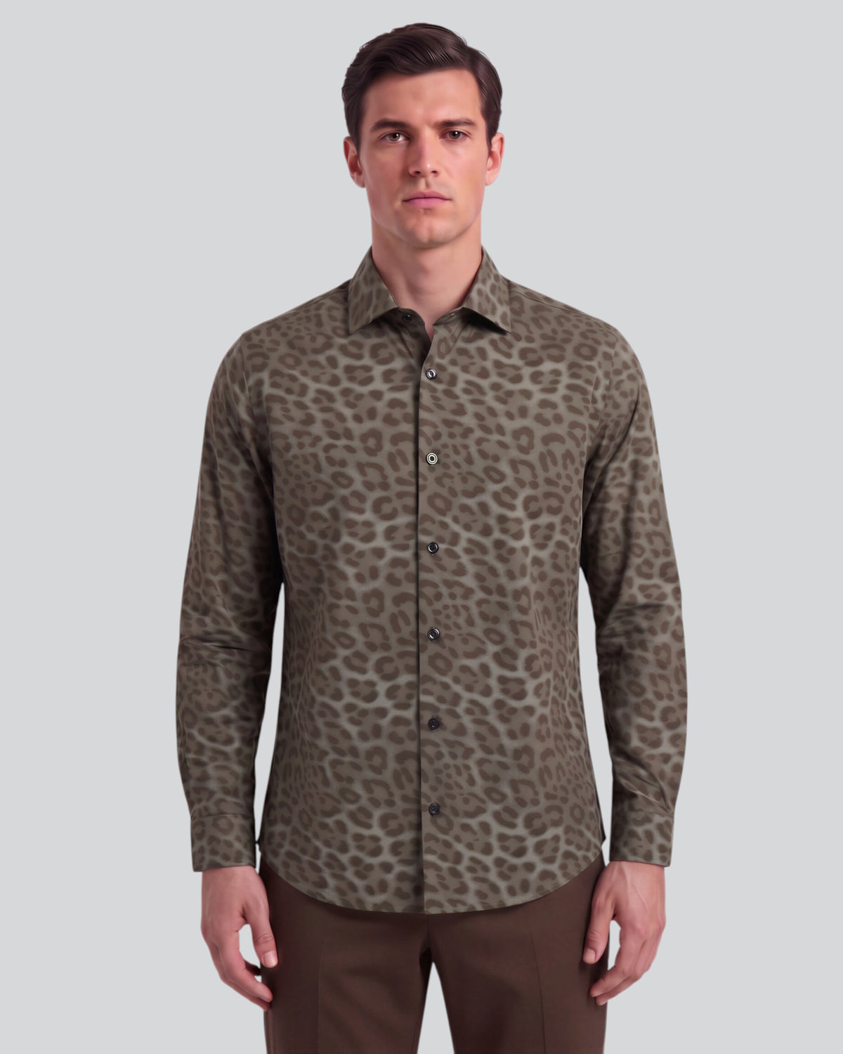 NORMAN LEOPARD SAGE MEN'S PRINTED COTTON LONG-SLEEVE SHIRT