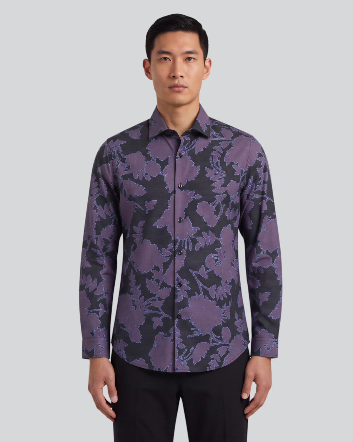 NORMAN GAAL FLORAL GRAPE MEN'S PRINTED COTTON LONG-SLEEVE SHIRT