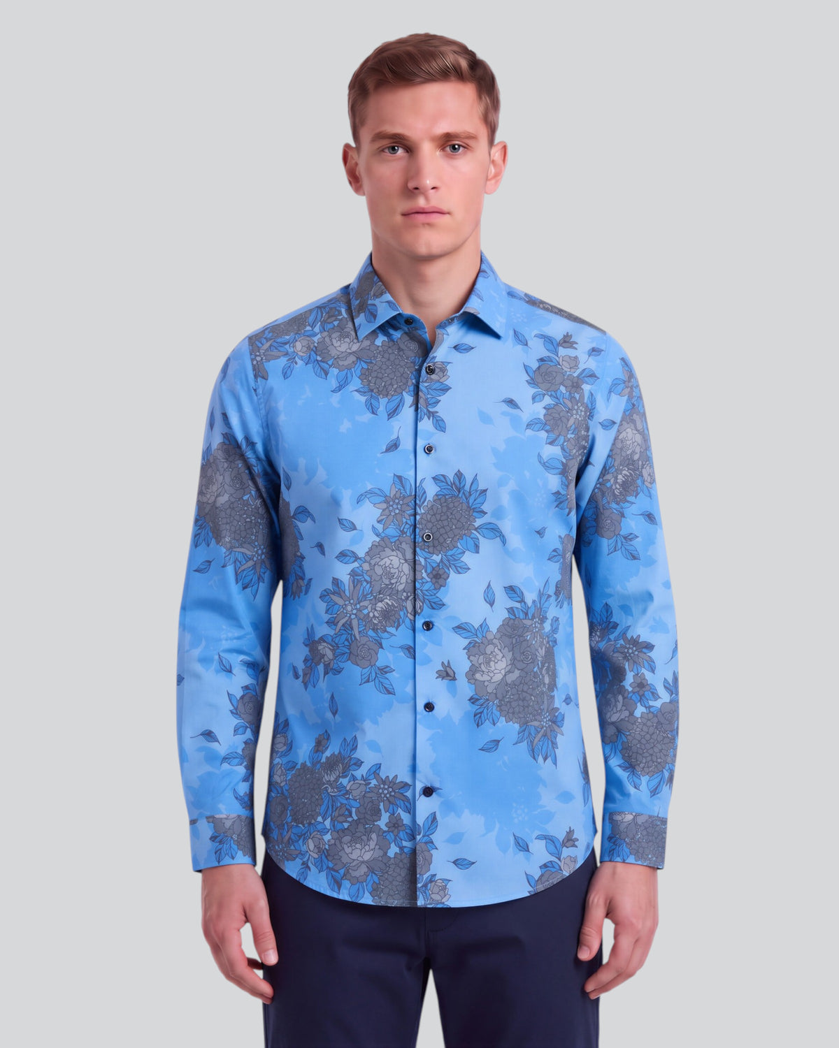 NICOLI WELS FLORAL BLUE MEN'S PRINTED COTTON LONG-SLEEVE SHIRT