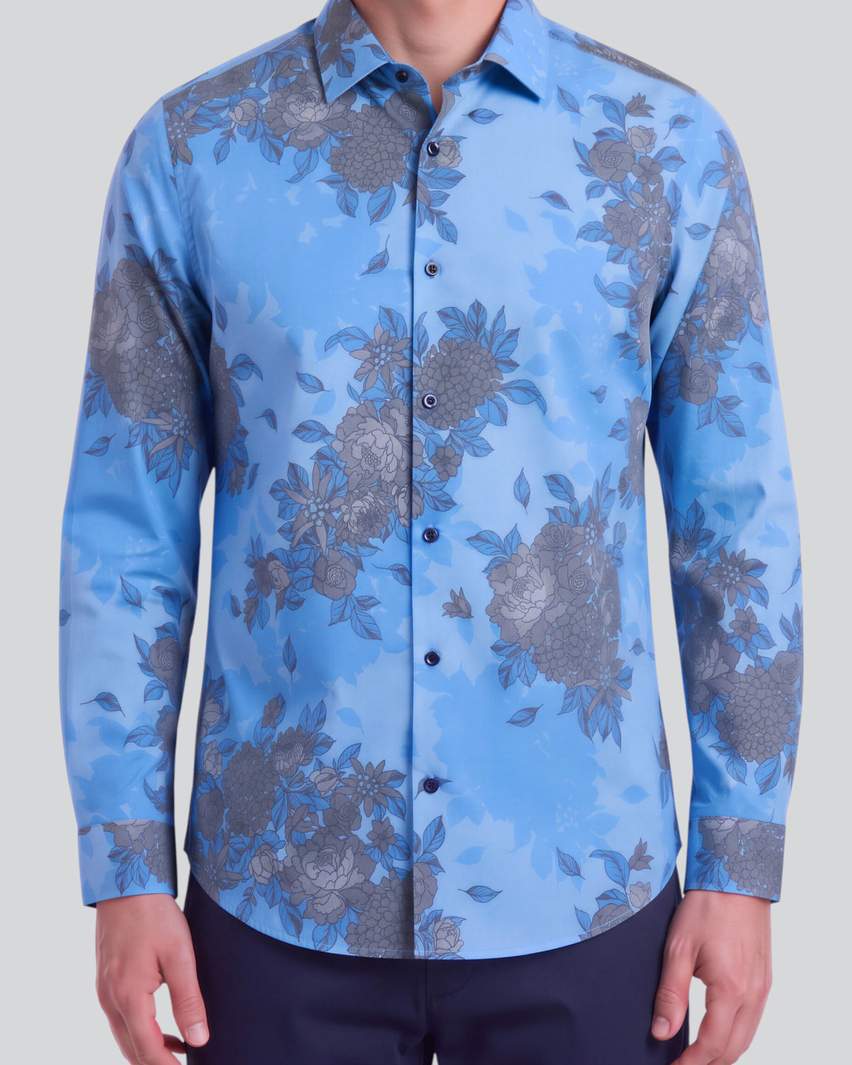 NICOLI WELS FLORAL BLUE MEN'S PRINTED COTTON LONG-SLEEVE SHIRT