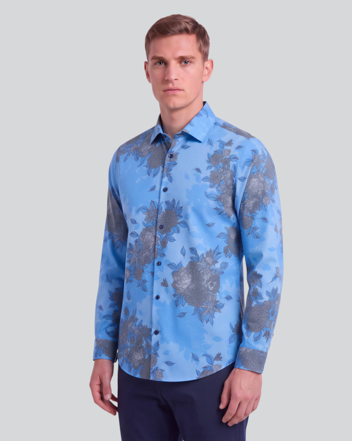 NICOLI WELS FLORAL BLUE MEN'S PRINTED COTTON LONG-SLEEVE SHIRT
