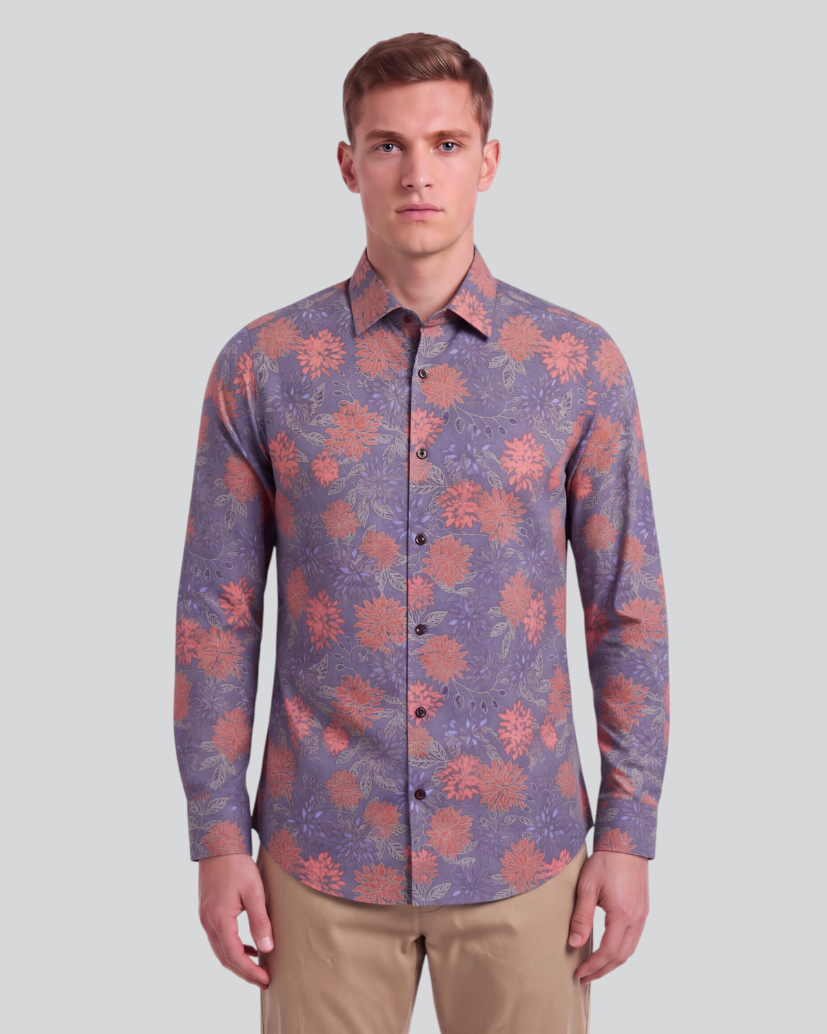 NICOLI ICE FLORAL AUBERGINE MEN'S PRINTED COTTON LONG-SLEEVE SHIRT