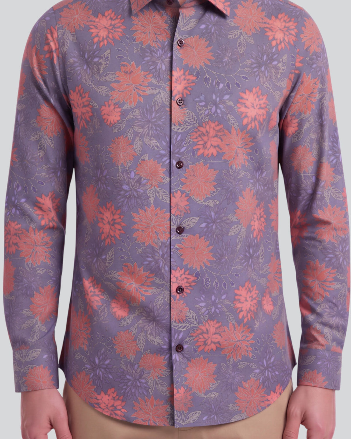 NICOLI ICE FLORAL AUBERGINE MEN'S PRINTED COTTON LONG-SLEEVE SHIRT