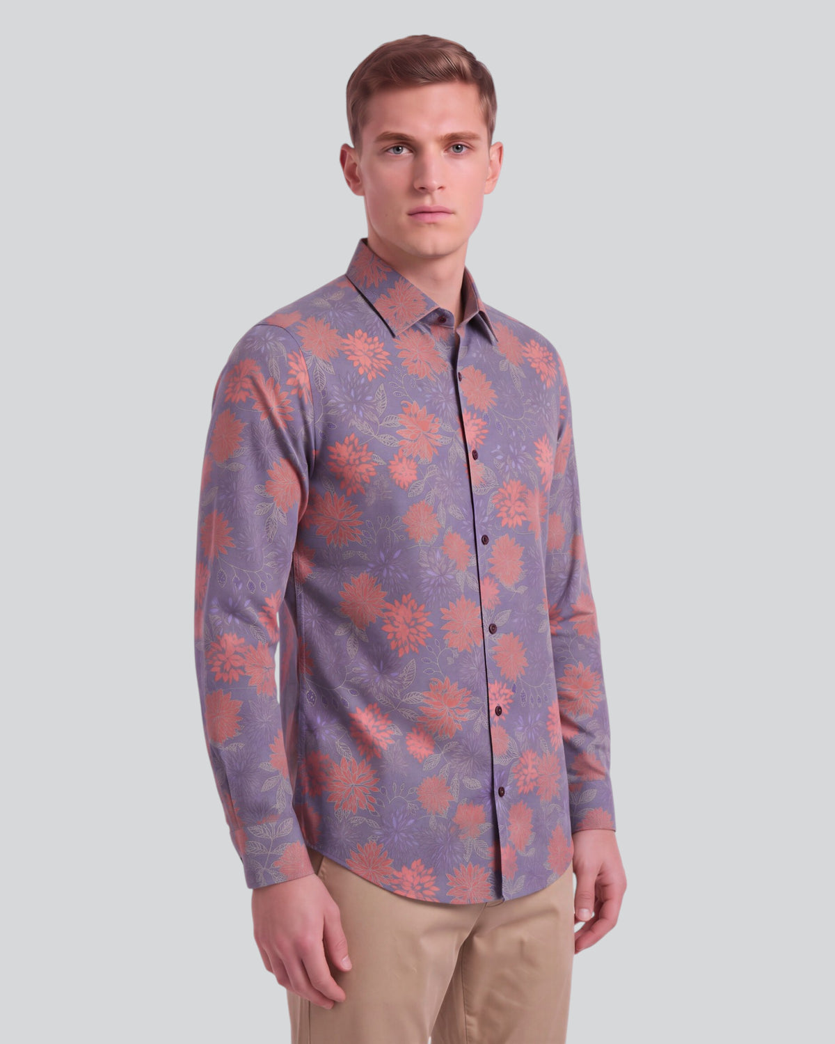 NICOLI ICE FLORAL AUBERGINE MEN'S PRINTED COTTON LONG-SLEEVE SHIRT