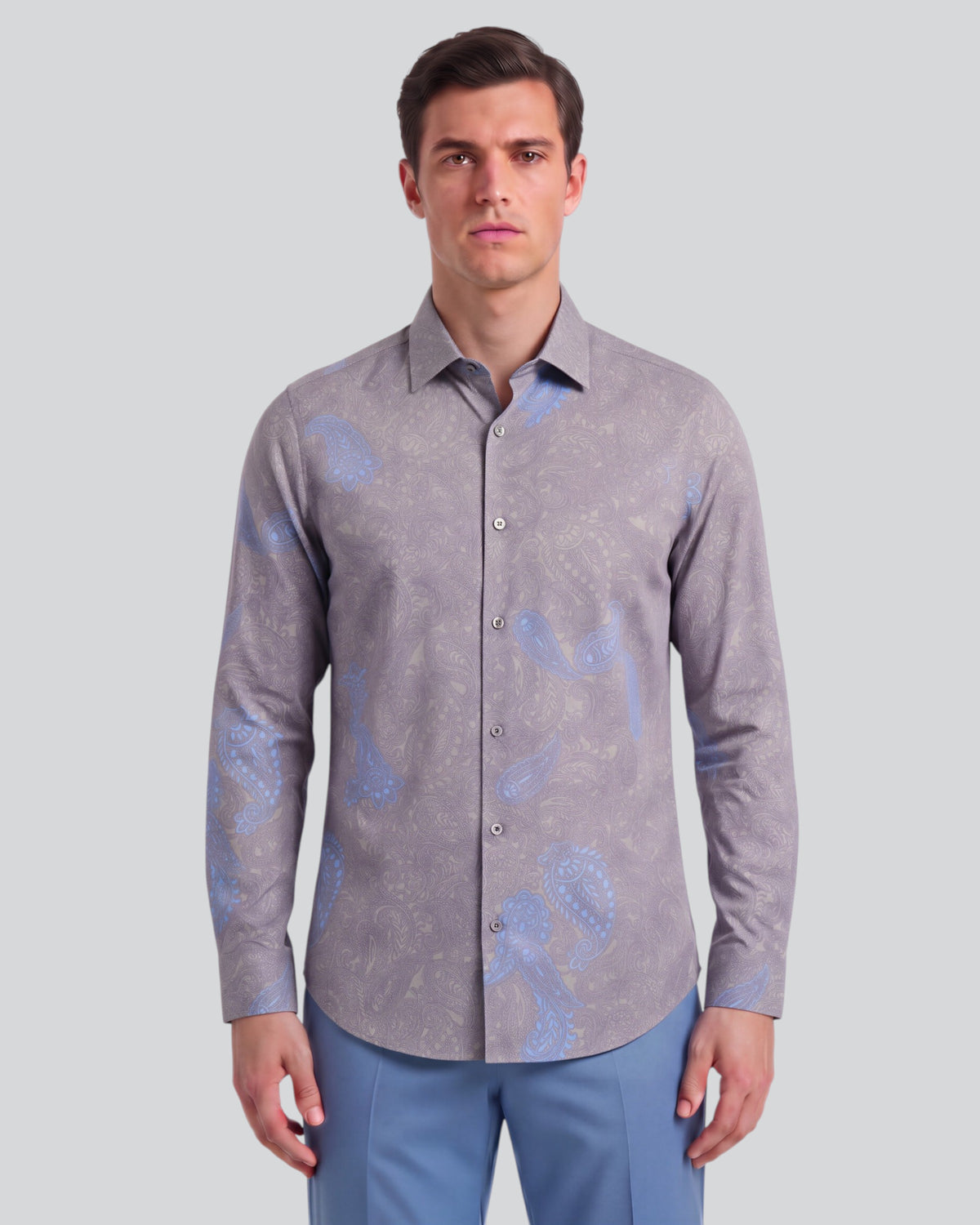 NICOLI ALPES PAISLEY CEMENT MEN'S PRINTED COTTON LONG-SLEEVE SHIRT