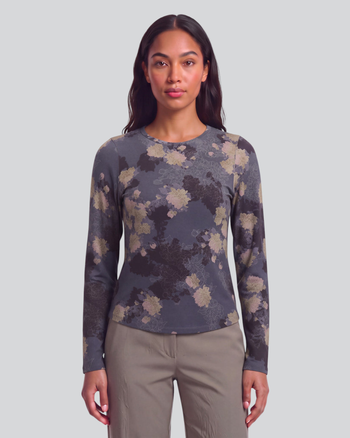 BEATRICE LANS FLORAL BLACK WOMEN'S LYOCELL STRETCH CREW-NECK TOP