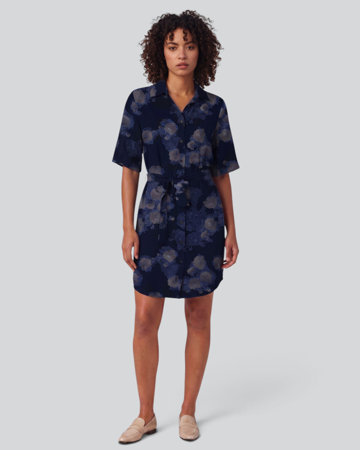 DOT LANS FLORAL NAVY WOMEN'S LYOCELL STRETCH SHIRT DRESS