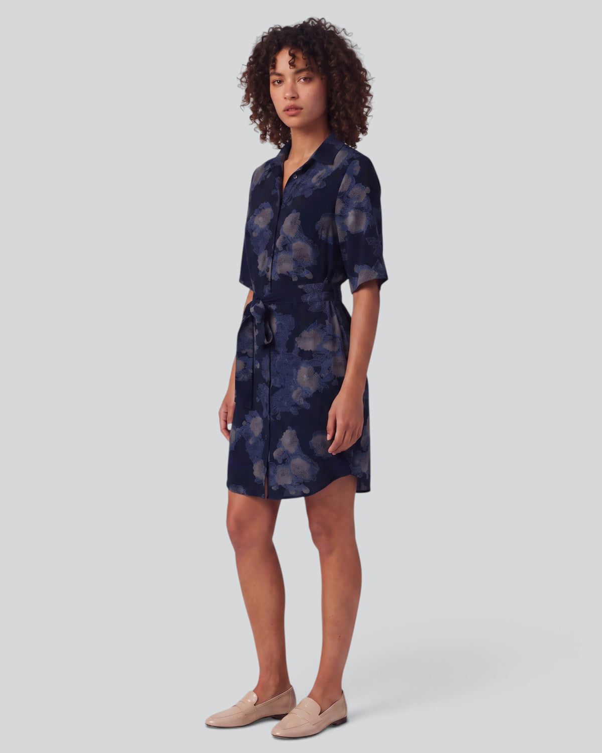 DOT LANS FLORAL NAVY WOMEN'S LYOCELL STRETCH SHIRT DRESS