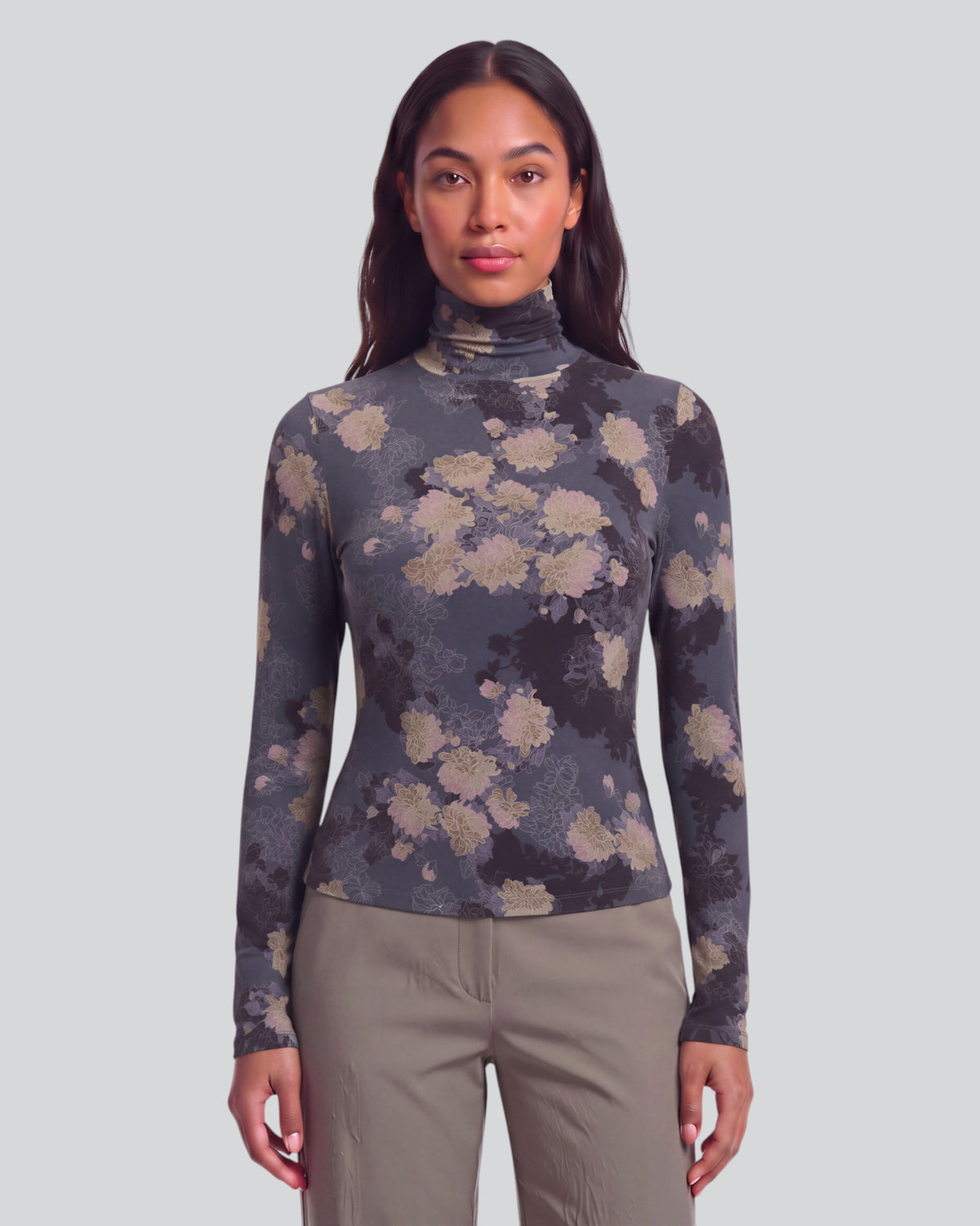 KATE LANS FLORAL BLACK WOMEN'S LYOCELL STRETCH TURTLENECK
