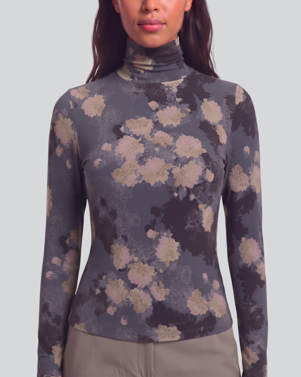 KATE LANS FLORAL BLACK WOMEN'S LYOCELL STRETCH TURTLENECK