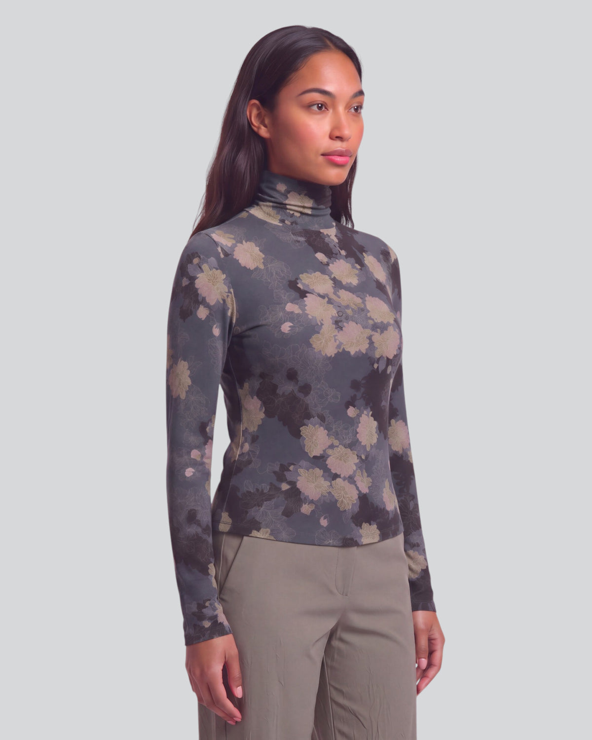 KATE LANS FLORAL BLACK WOMEN'S LYOCELL STRETCH TURTLENECK