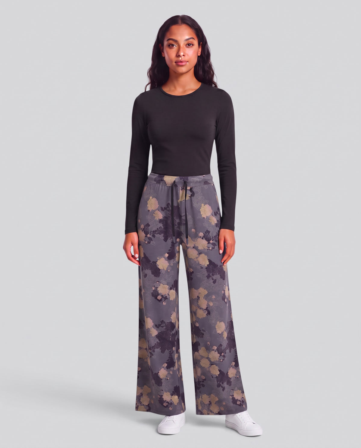 SANCHEZ LANS FLORAL BLACK WOMEN'S STRETCH KNIT DRAWSTRING PANT