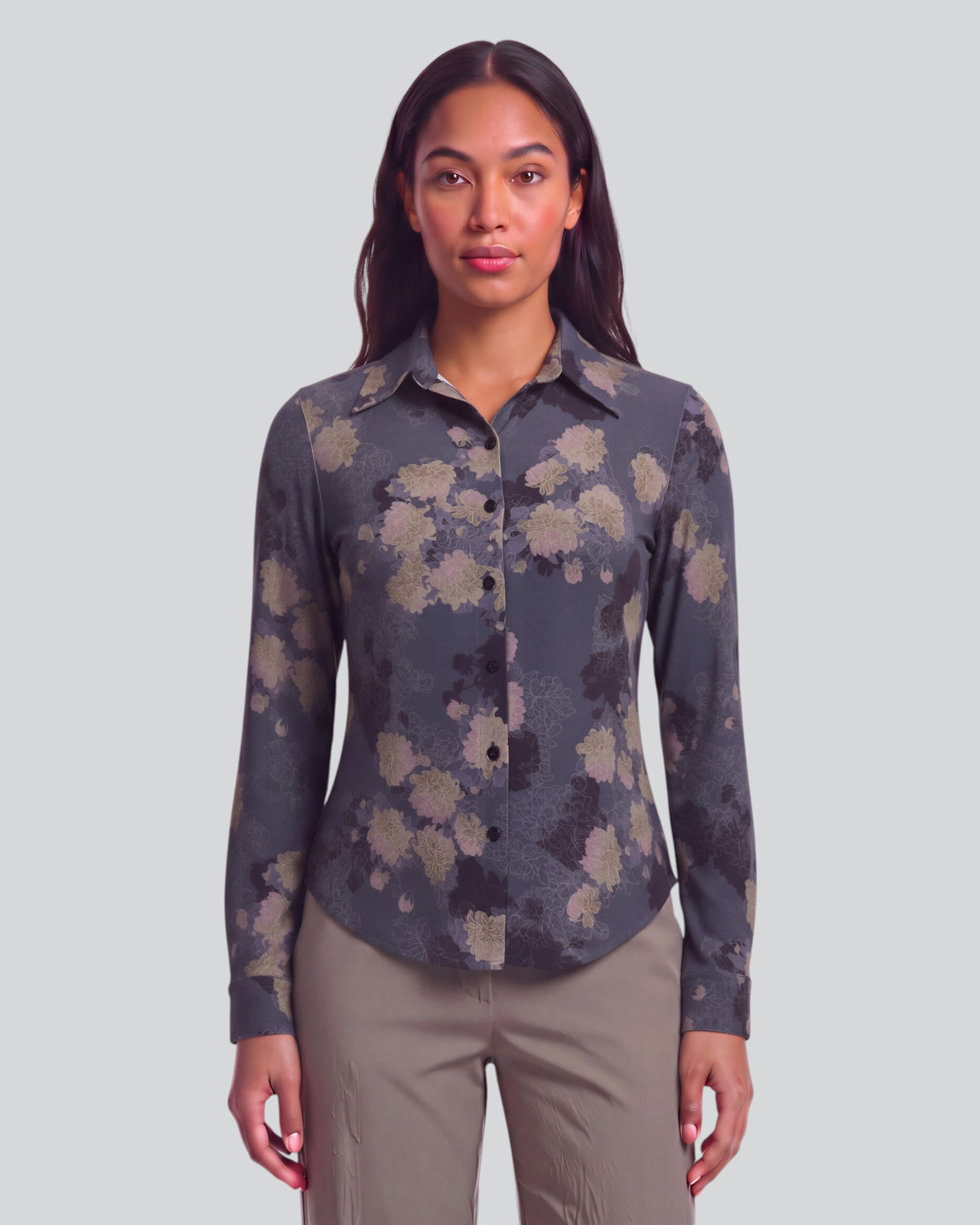 STEPHANIE LANS FLORAL BLACK WOMEN'S LYOCELL STRETCH LONG-SLEEVE SHIRT
