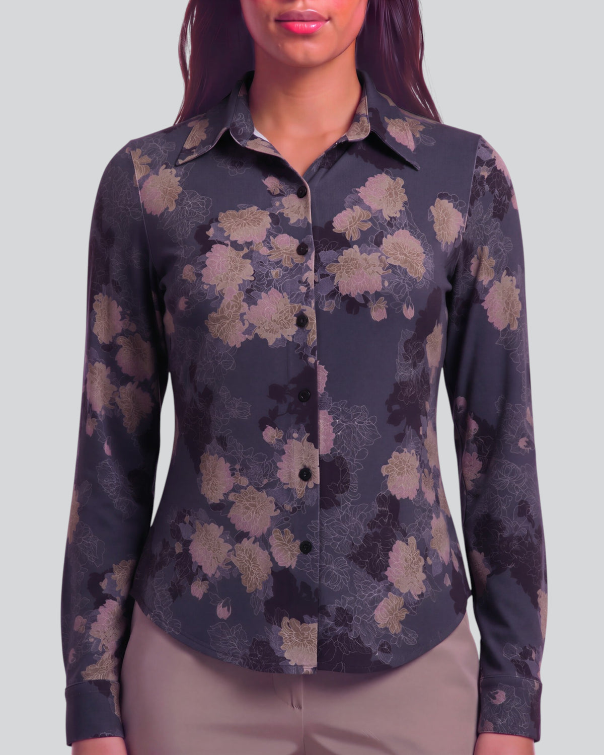STEPHANIE LANS FLORAL BLACK WOMEN'S LYOCELL STRETCH LONG-SLEEVE SHIRT