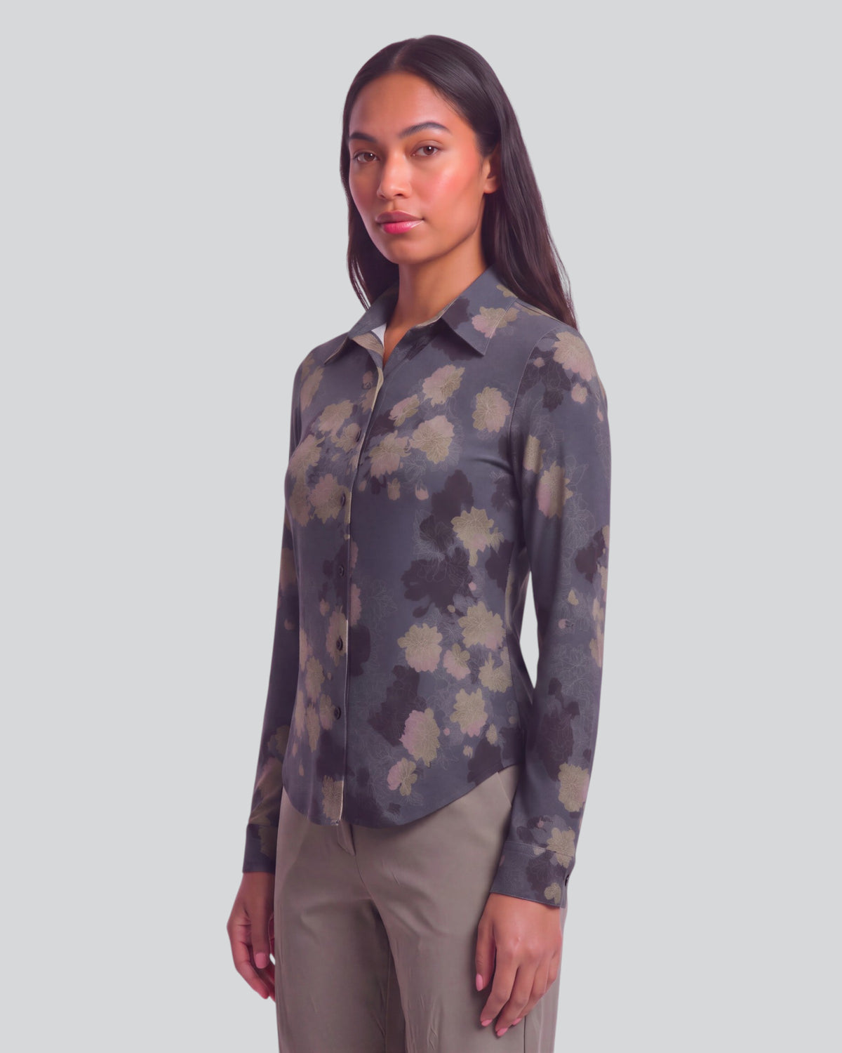 STEPHANIE LANS FLORAL BLACK WOMEN'S LYOCELL STRETCH LONG-SLEEVE SHIRT