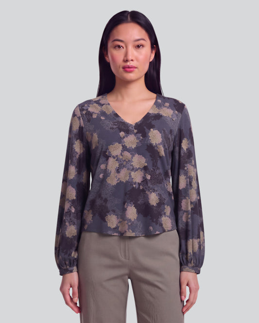VAL LANS FLORAL BLACK WOMEN'S LYOCELL STRETCH V-NECK TOP