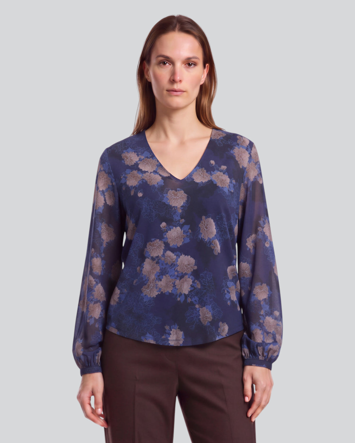 VAL LANS FLORAL NAVY WOMEN'S LYOCELL STRETCH V-NECK TOP