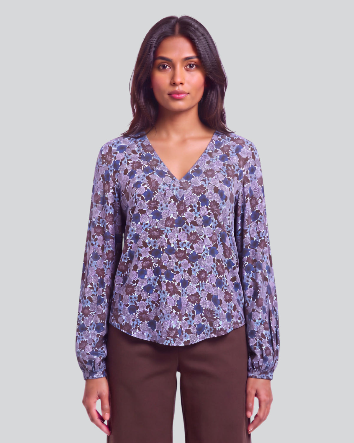 VAL TERNBERG FLORAL BROWNIE WOMEN'S LYOCELL STRETCH V-NECK TOP