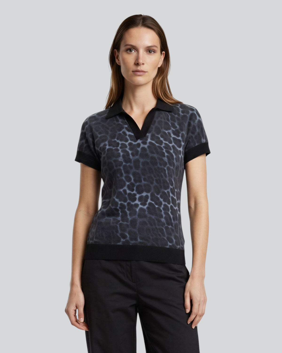 JESSICA LEOPARD SMOKE WOMEN'S MERINO SILK CASHMERE SWEATER POLO