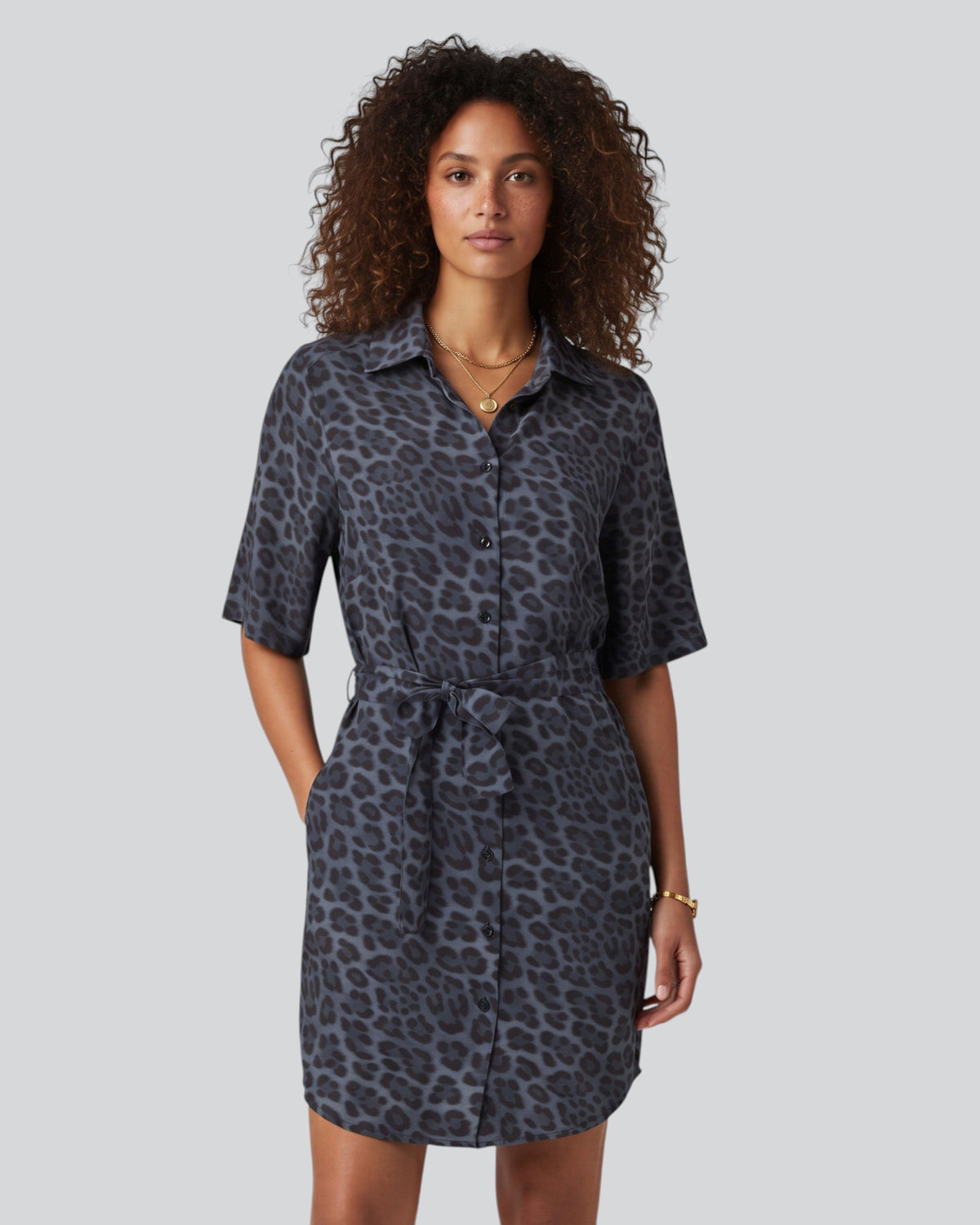 SERENA LEOPARD SMOKE WOMEN'S STRETCH SILK SHIRT DRESS