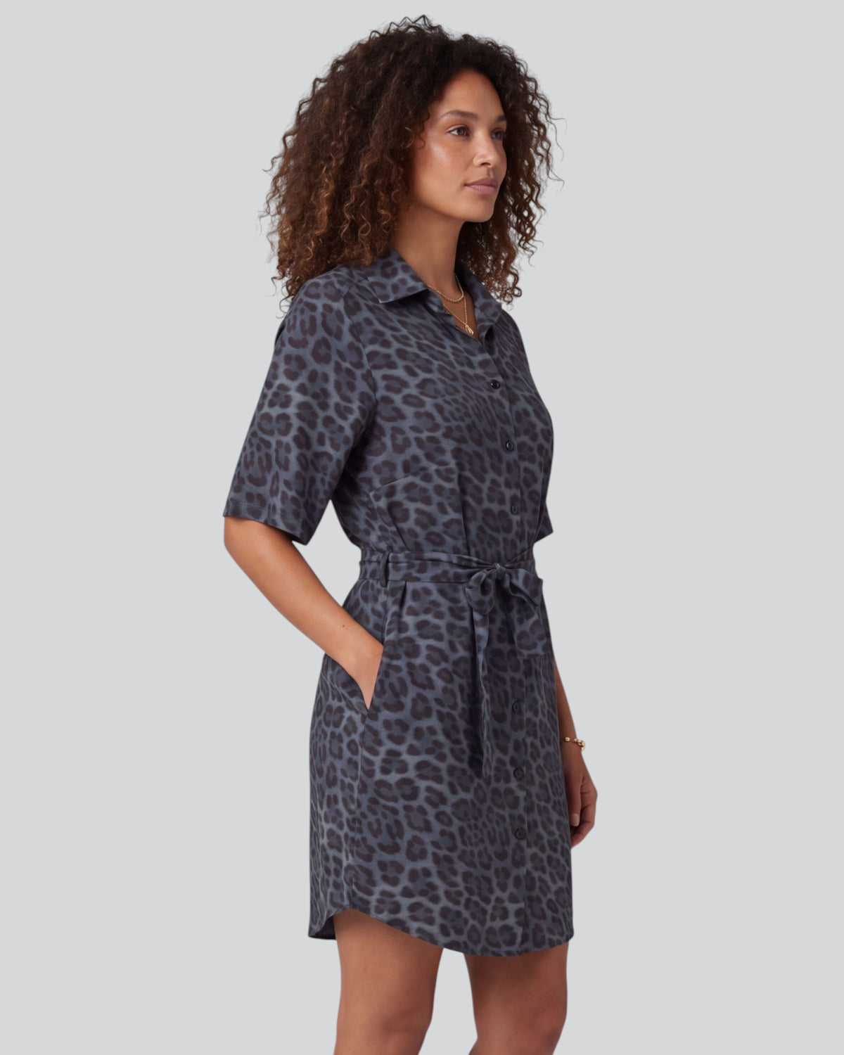 SERENA LEOPARD SMOKE WOMEN'S STRETCH SILK SHIRT DRESS