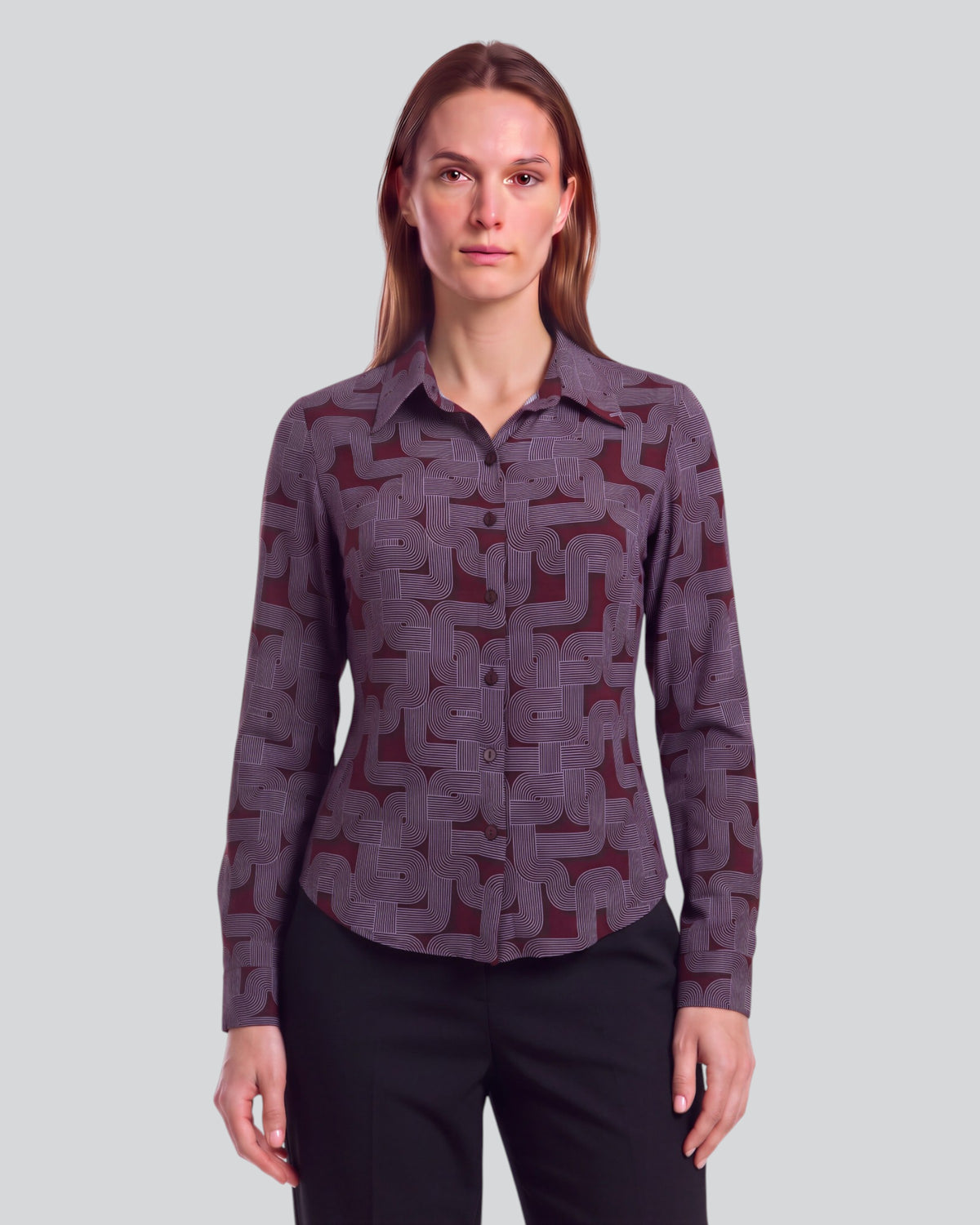 SUTTON BLONS GEO PORT WOMEN'S STRETCH SILK LONG-SLEEVE SHIRT