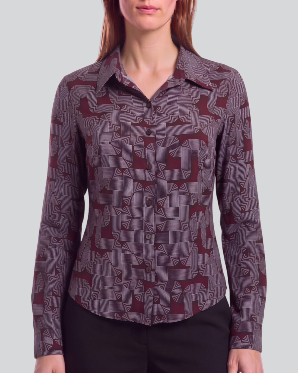 SUTTON BLONS GEO PORT WOMEN'S STRETCH SILK LONG-SLEEVE SHIRT