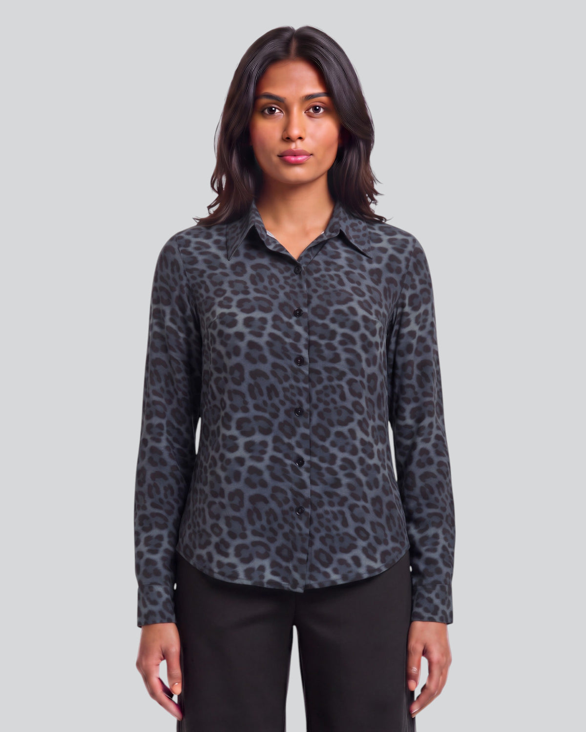 SUTTON LEOPARD SMOKE WOMEN'S STRETCH SILK LONG-SLEEVE SHIRT