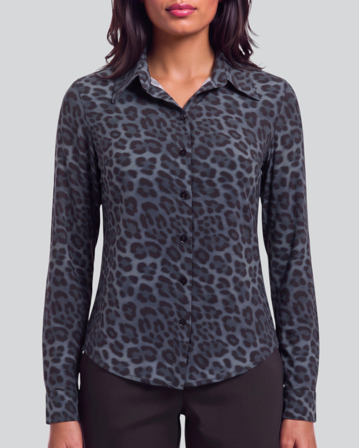 SUTTON LEOPARD SMOKE WOMEN'S STRETCH SILK LONG-SLEEVE SHIRT