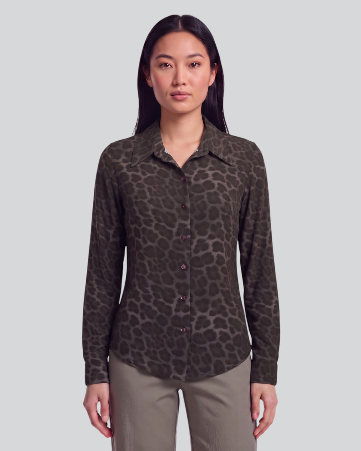 SUTTON LEOPARD BROWNIE WOMEN'S STRETCH SILK LONG-SLEEVE SHIRT