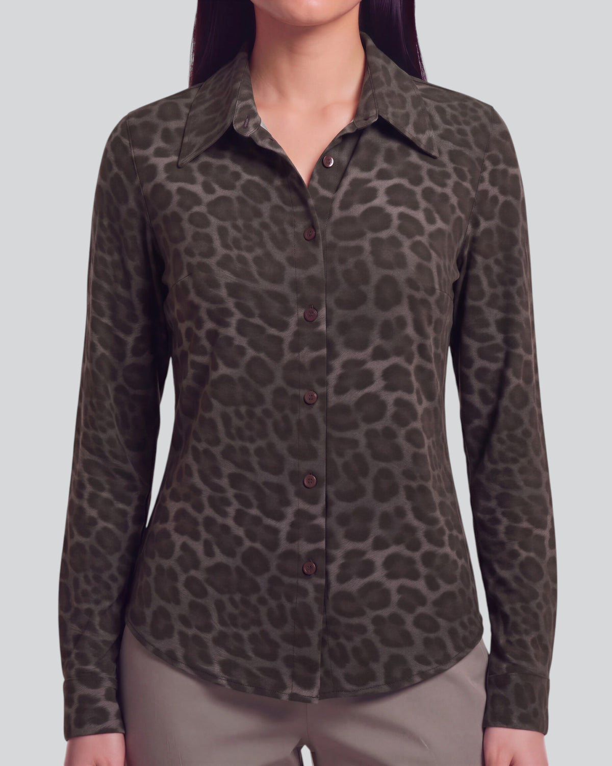 SUTTON LEOPARD BROWNIE WOMEN'S STRETCH SILK LONG-SLEEVE SHIRT