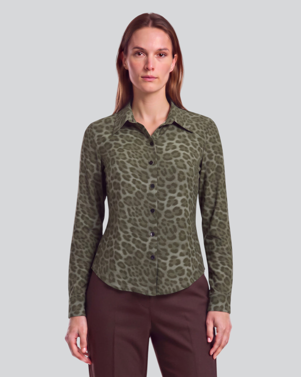 SUTTON LEOPARD SAGE WOMEN'S STRETCH SILK LONG-SLEEVE SHIRT
