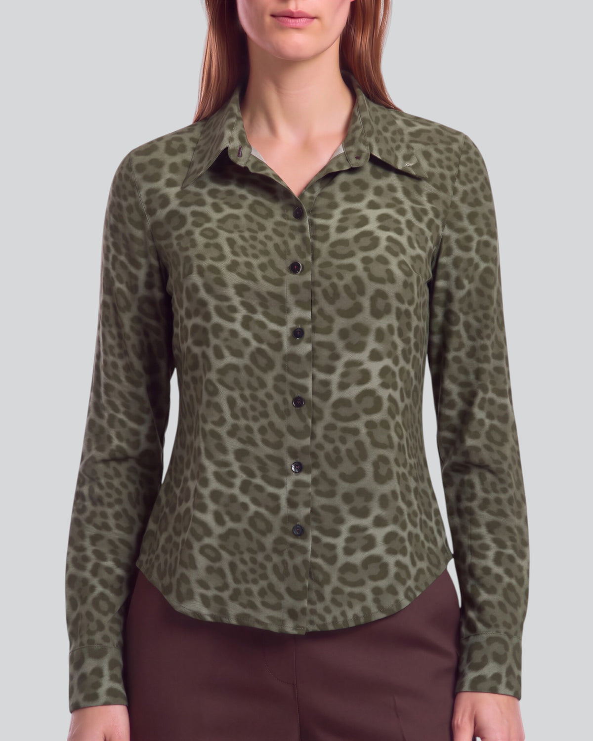 SUTTON LEOPARD SAGE WOMEN'S STRETCH SILK LONG-SLEEVE SHIRT