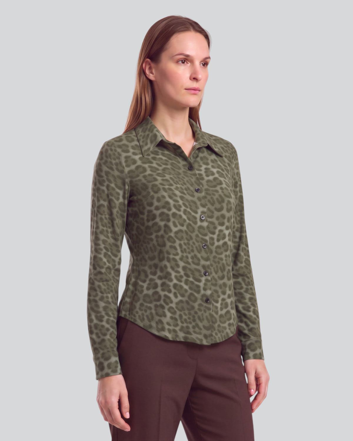 SUTTON LEOPARD SAGE WOMEN'S STRETCH SILK LONG-SLEEVE SHIRT
