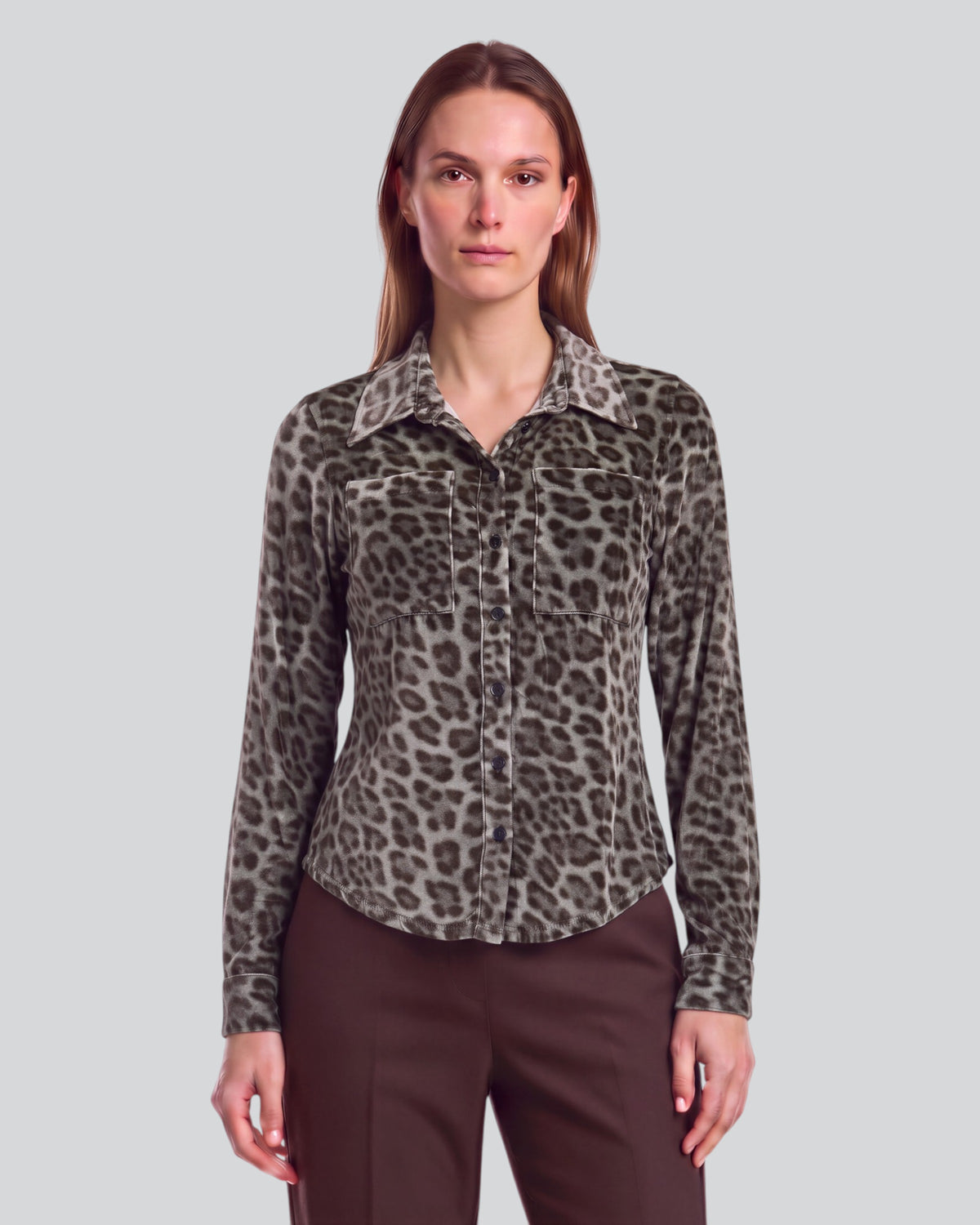 SYLVIA LEOPARD SAGE WOMEN'S VELVET LONG-SLEEVE SHIRT