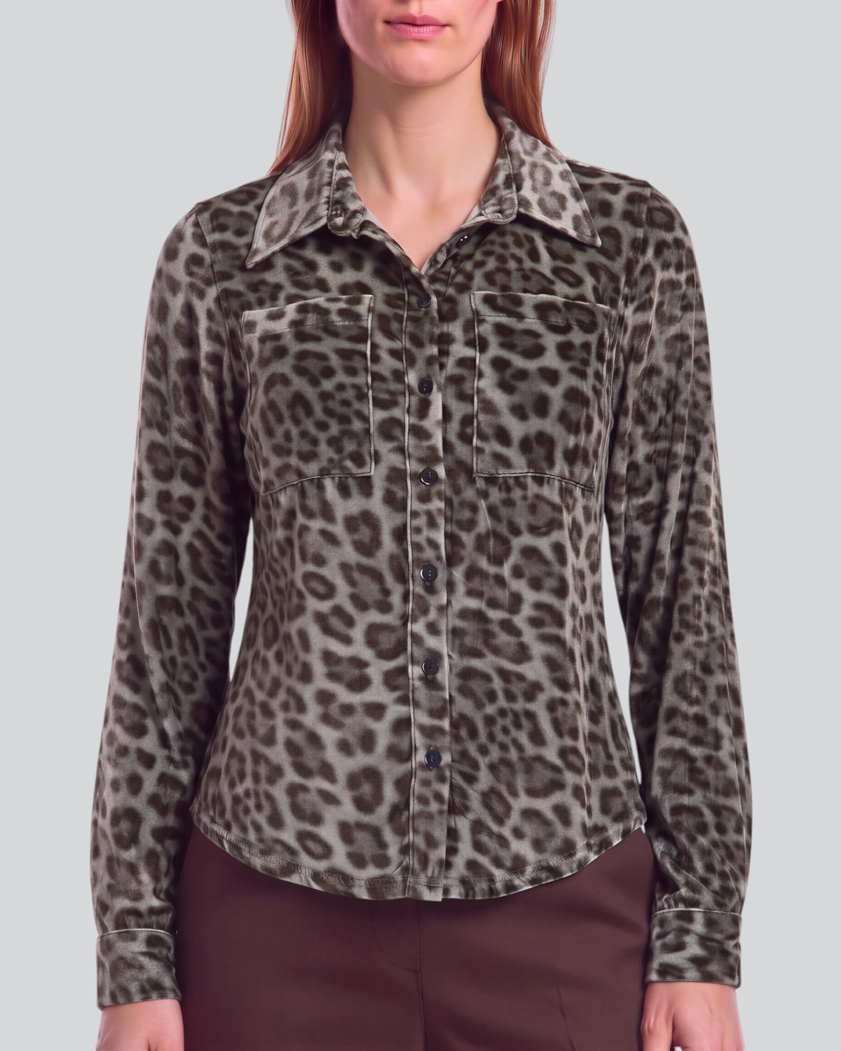 SYLVIA LEOPARD SAGE WOMEN'S VELVET LONG-SLEEVE SHIRT