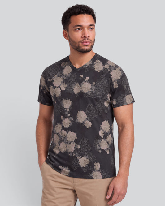 MAZE LANS FLORAL BLACK MEN'S STRETCH COTTON V-NECK TEE