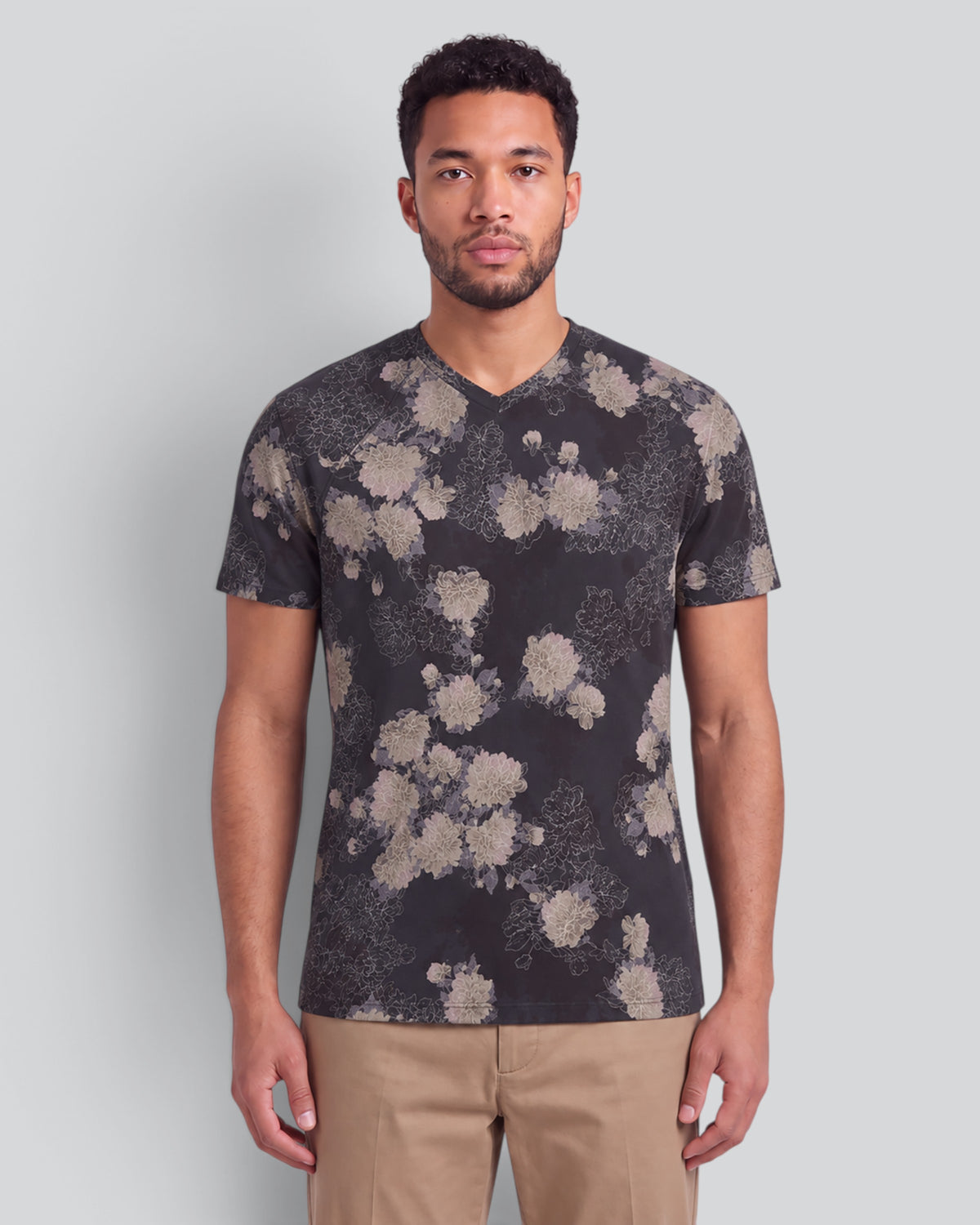 MAZE LANS FLORAL BLACK MEN'S STRETCH COTTON V-NECK TEE