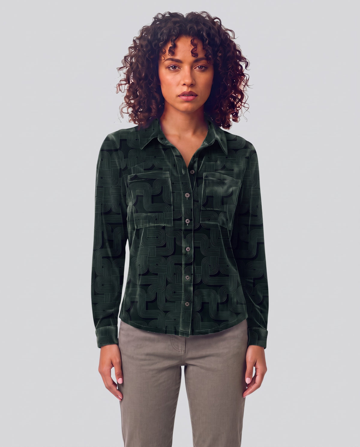 SYLVIA BLONS GEO BLACK WOMEN'S VELVET LONG-SLEEVE SHIRT