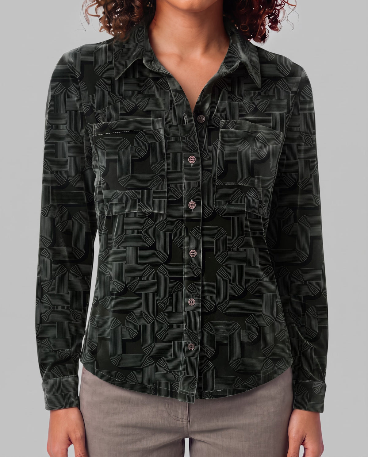 SYLVIA BLONS GEO BLACK WOMEN'S VELVET LONG-SLEEVE SHIRT