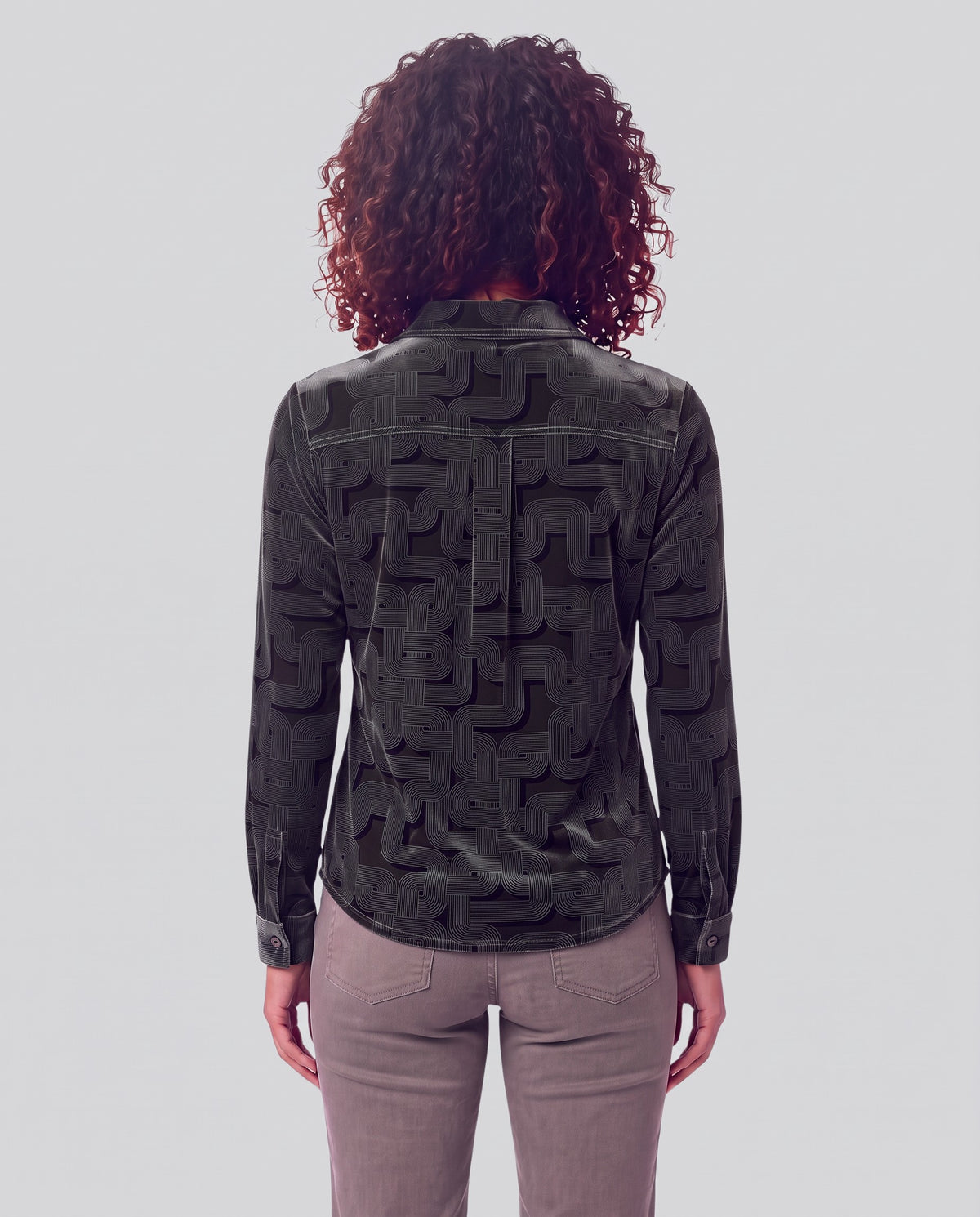 SYLVIA BLONS GEO BLACK WOMEN'S VELVET LONG-SLEEVE SHIRT