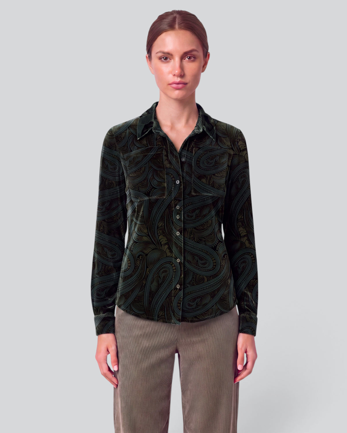 SYLVIA PAISLEY BADALONA BROWNIE WOMEN'S VELVET LONG-SLEEVE SHIRT