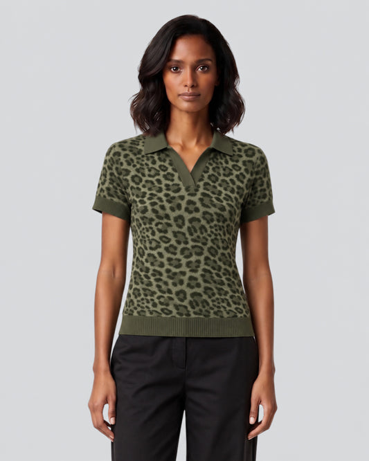 JESSICA LEOPARD SAGE WOMEN'S MERINO SILK CASHMERE SWEATER POLO