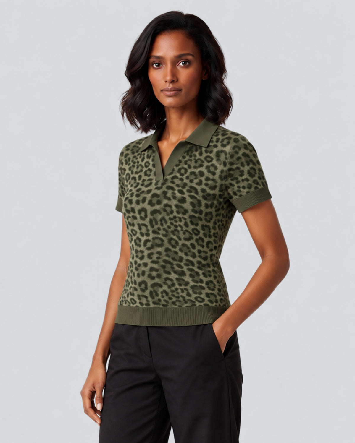 JESSICA LEOPARD SAGE WOMEN'S MERINO SILK CASHMERE SWEATER POLO