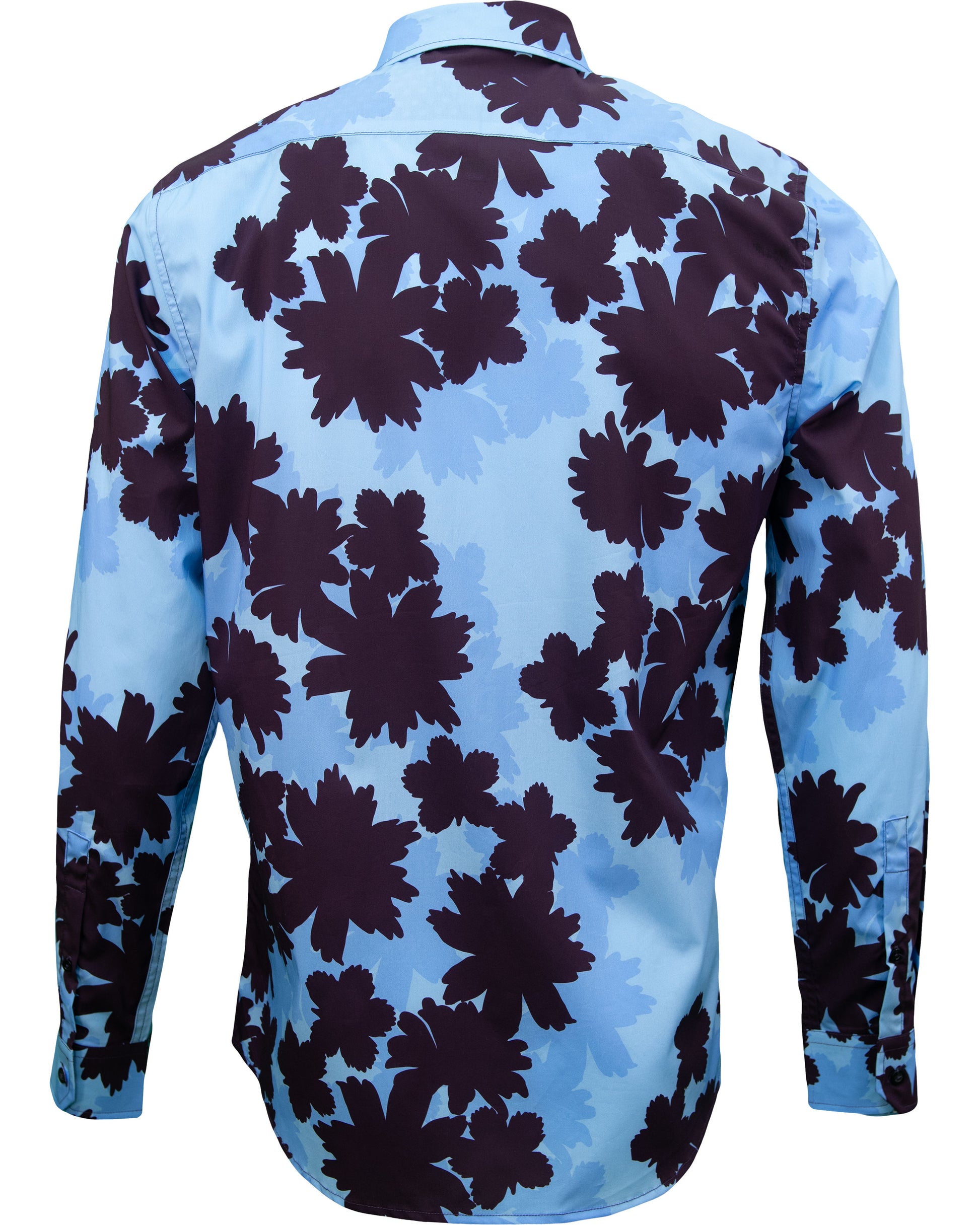 Back view of men's blue Norman Salerno floral shirt with bold floral pattern, designer menswear