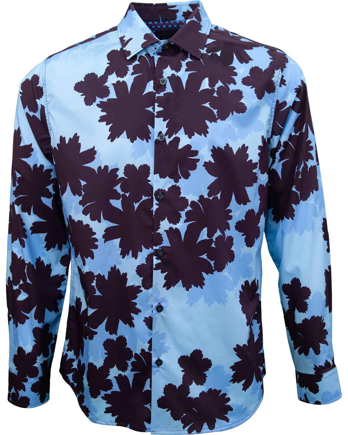 Front view of men's blue Norman Salerno floral shirt with bold floral pattern, designer menswear