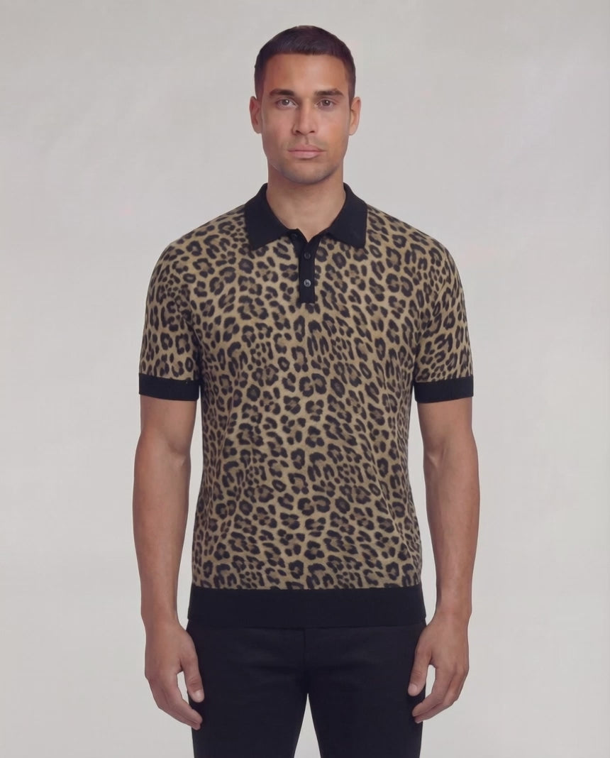 トップス 5351 pour les hommes leopard polo PILGRIM LEOPARD BROWN MENS MERINO SILK CASHMERE POLO – Lords Of