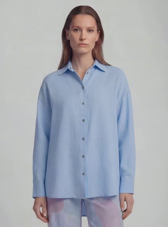 LYDIA CROCHET BLUE WOMENS RELAXED LINEN SHIRT – Lords Of Harlech