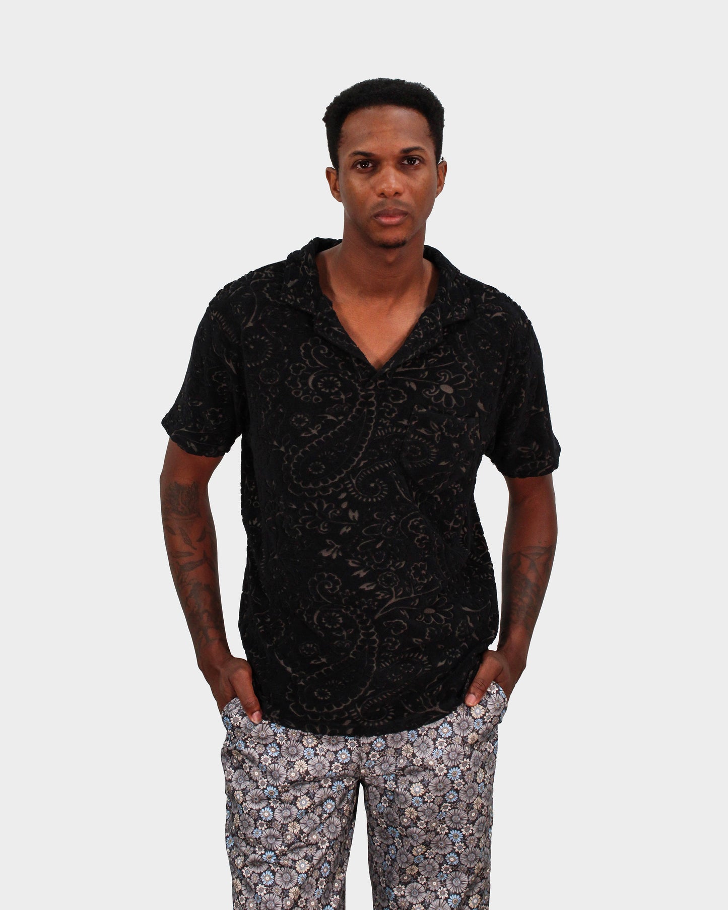 JOHNNY PAISLEY TOWEL POLO SHIRT - BLACK