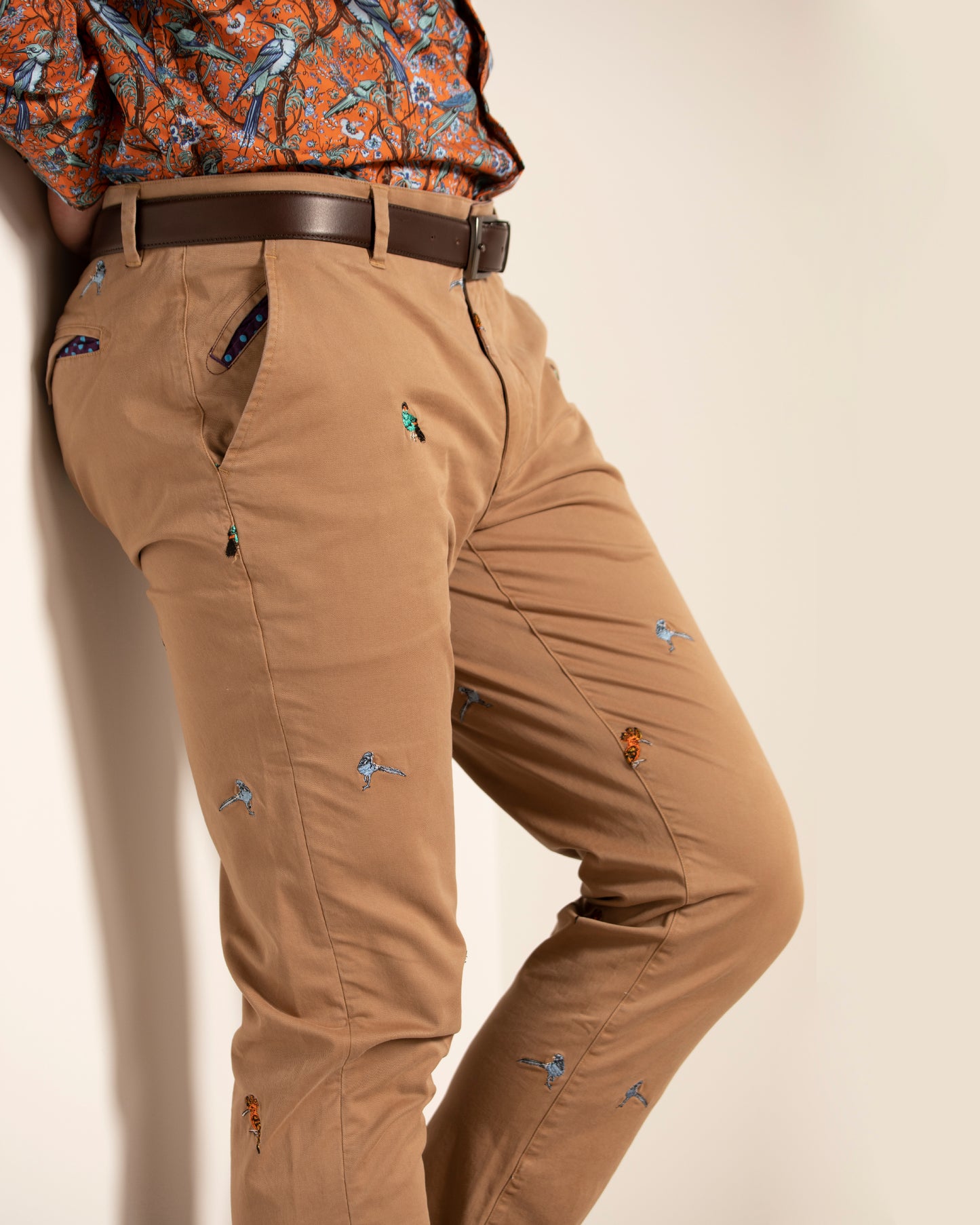 Charles Khaki Birds Embroidery Pants